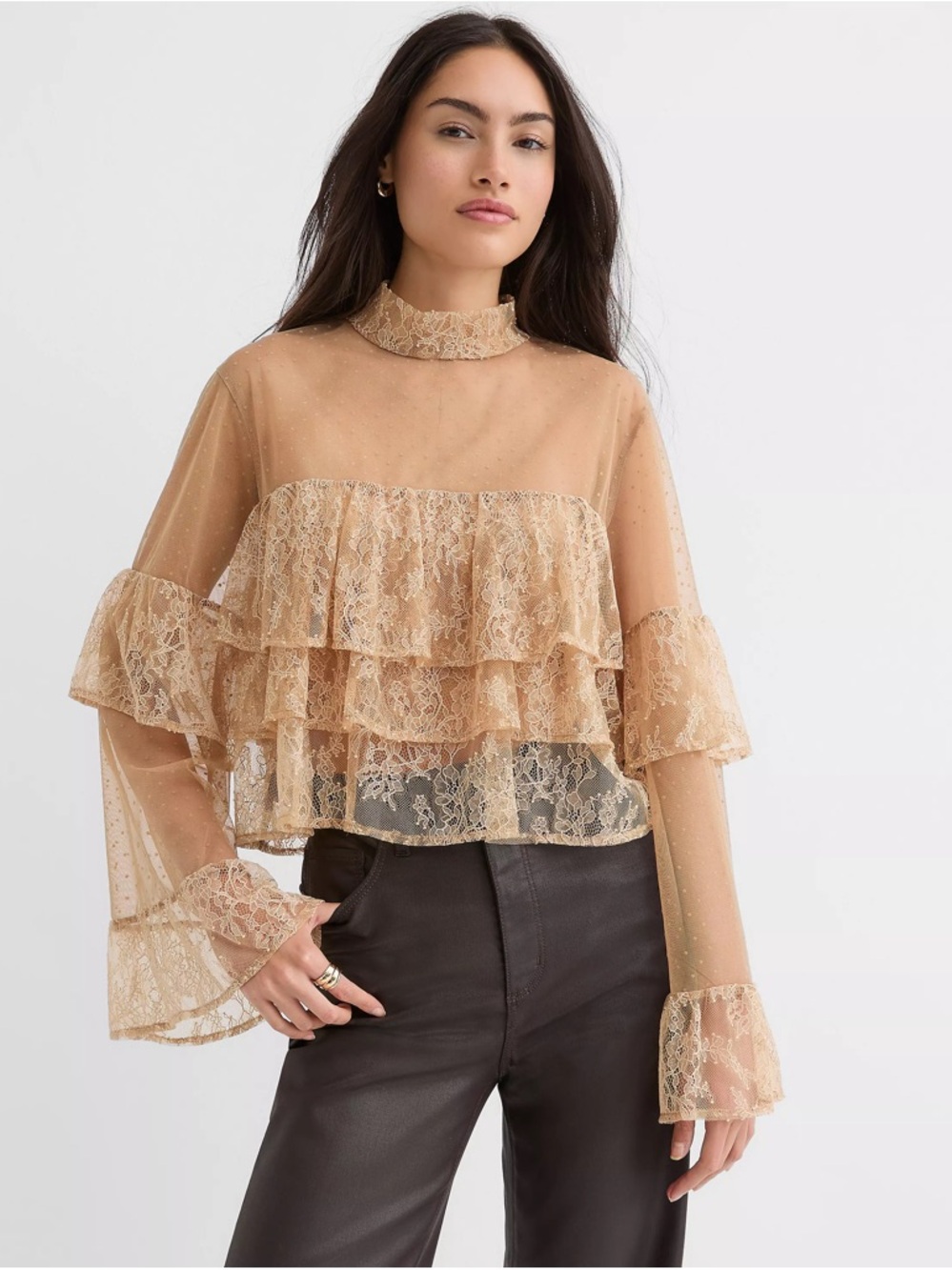 Loft Velvet Dotted Chantilly Lace Ruffle Top